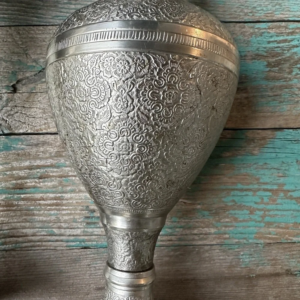 VTG Ornate Vases India Persian Middle‎ East Nickel Brass 14-24 Inch Two Item Set